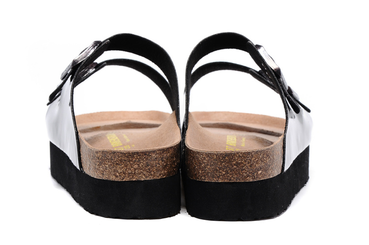 Birkenstock Two-Button Black Patent Leather Thick Black Sole Slippers