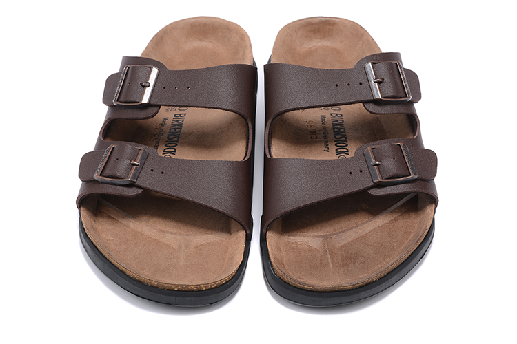 Birkenstock Two-Button Brown Matte Leather Black Sole Casual Slippers