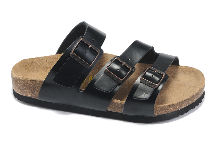 Birkenstock Three-Button Black Matte Leather Casual Sandals