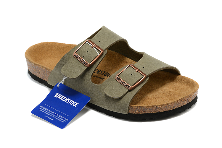 Birkenstock Two-Button Gray Green Scrub Leather Slippers