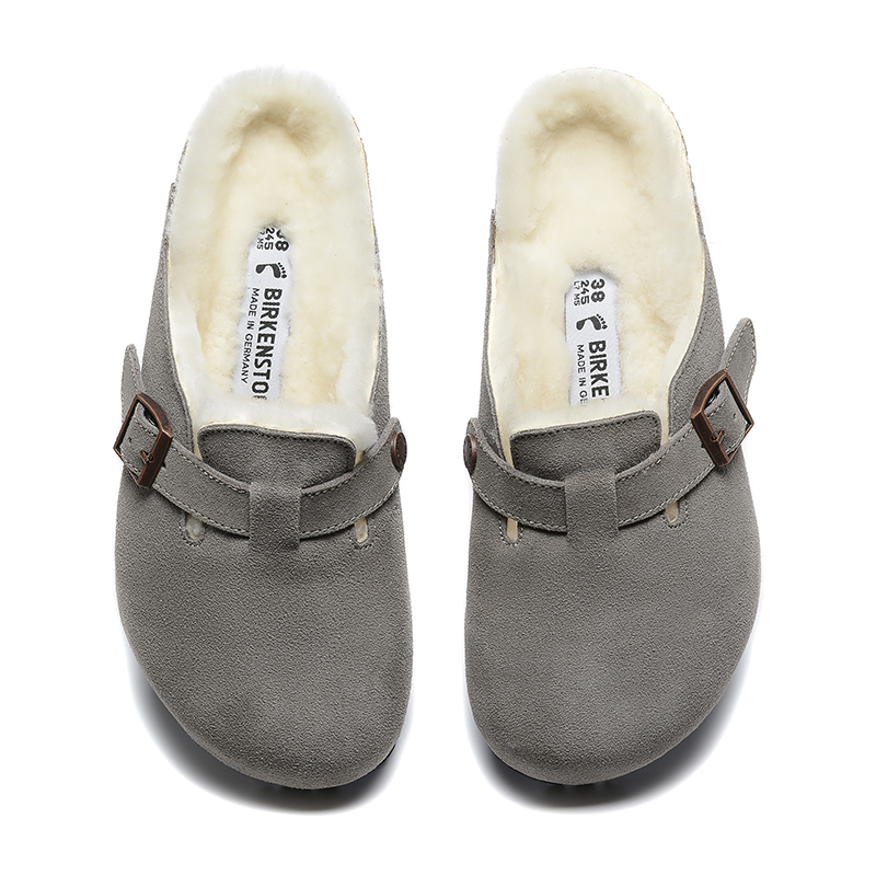 Birkenstock Light Grey Suede White Shearling Lining Clog Shoes