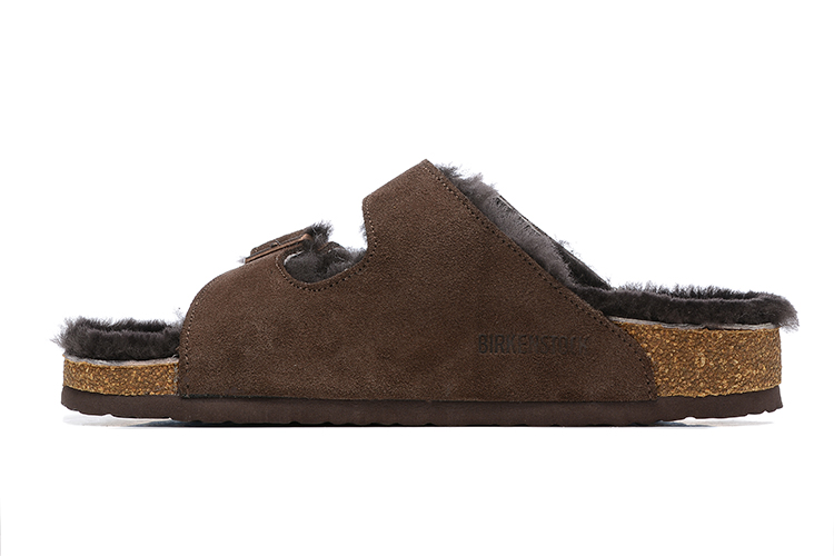 Birkenstock Two-Button Brown Scrub Leather Black Fur Lining Slippers