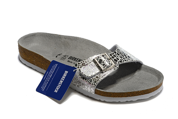 Birkenstock Single Button Gray Metal Stone Leather Slippers