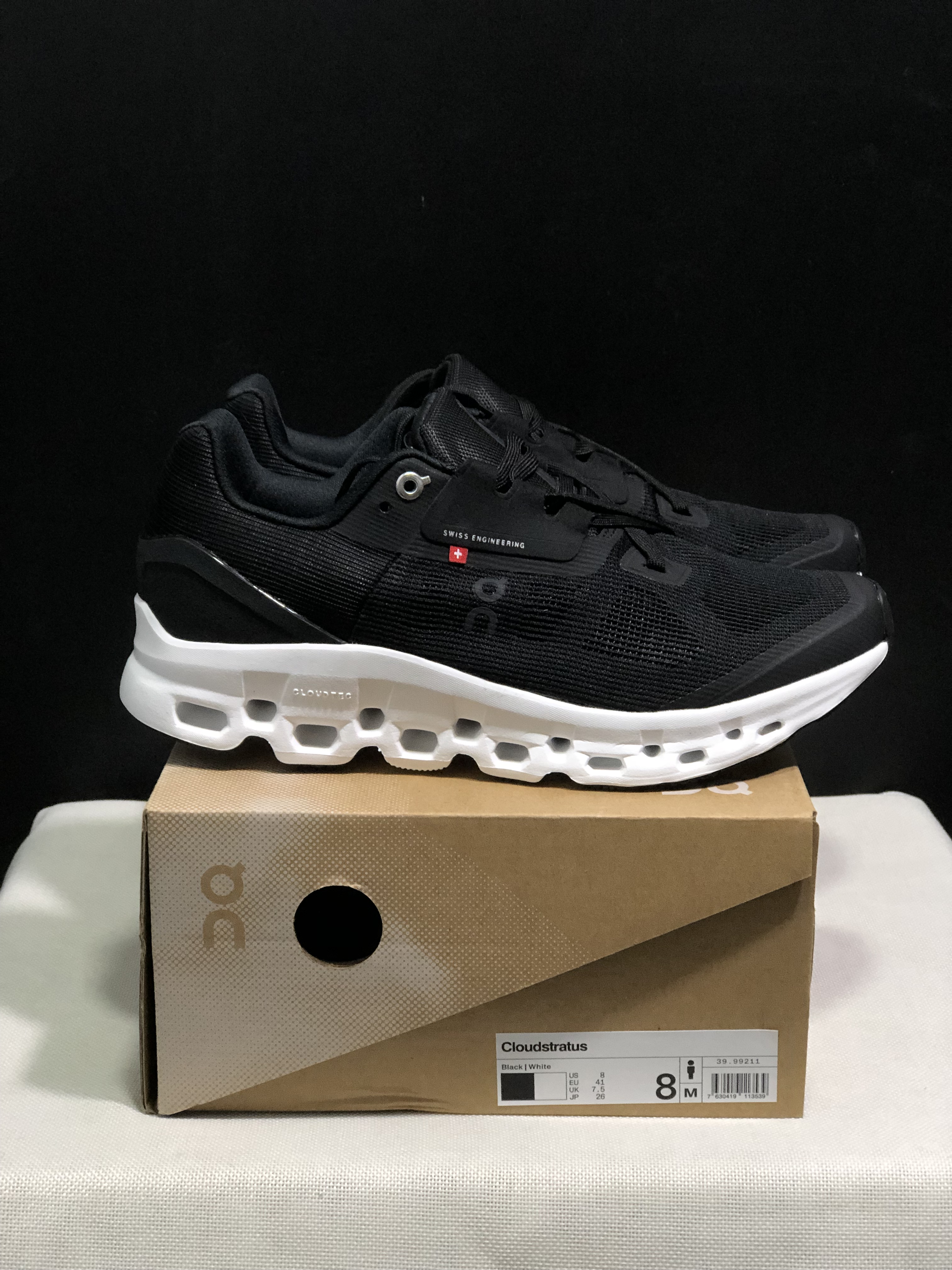 On Running Cloudstratus Breathable Support Running Shoes Black/White