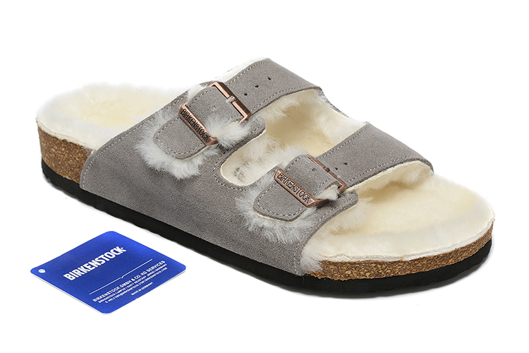 Birkenstock Two-Button Gray Scrub Leather White Fur Lining Slippers