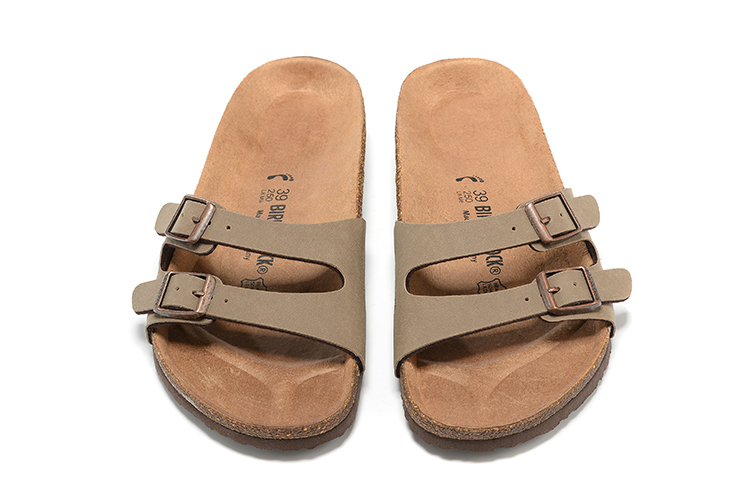 Birkenstock Two Buckle Thin Belt Light Brown Scrub Leather Slippers