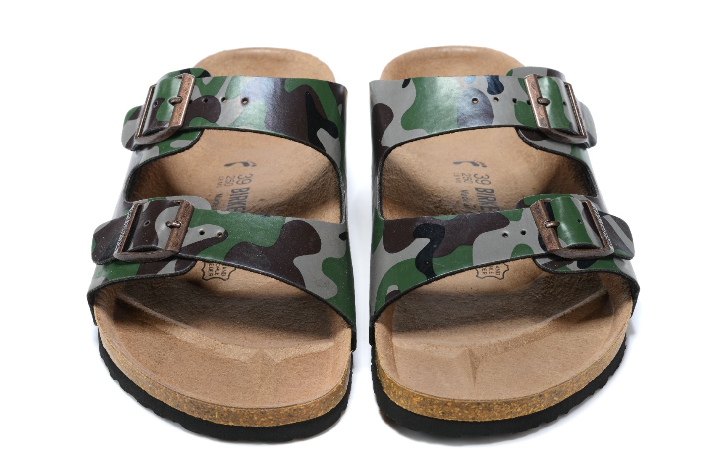 Birkenstock Two-Button Green Camouflage Matte Leather Casual Slippers