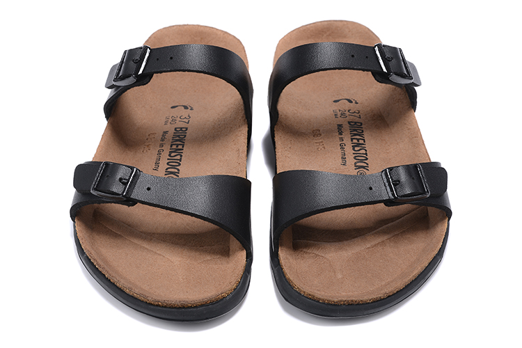 Birkenstock Two-Button Black Matte Leather Black Sole Casual Slippers