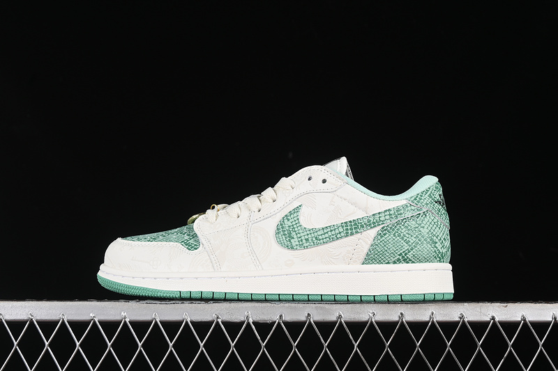 Nike Air Jordan 1 Low OG Grey White Green Snakeskin Grain Sneakers