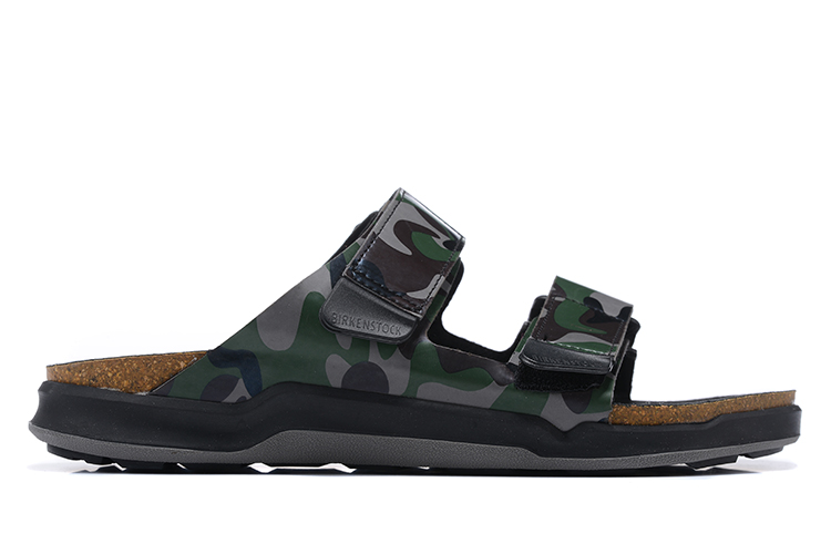 Birkenstock Green Camouflage Velcro Matte Leather Slippers
