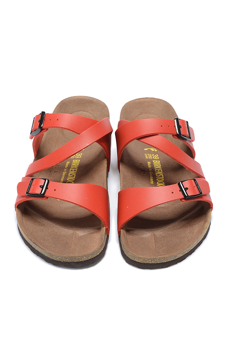 Birkenstock Two-Button Red Matte Leather Intersect Black Sole Slippers