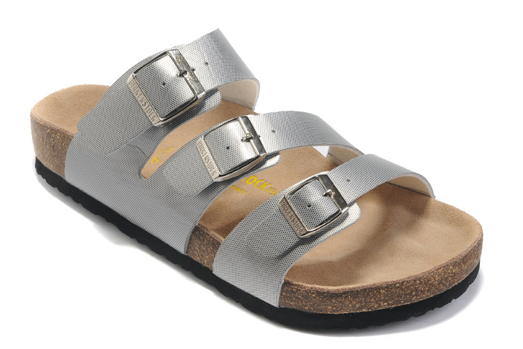 Birkenstock Three-Button Silver Matte Leather Sandals