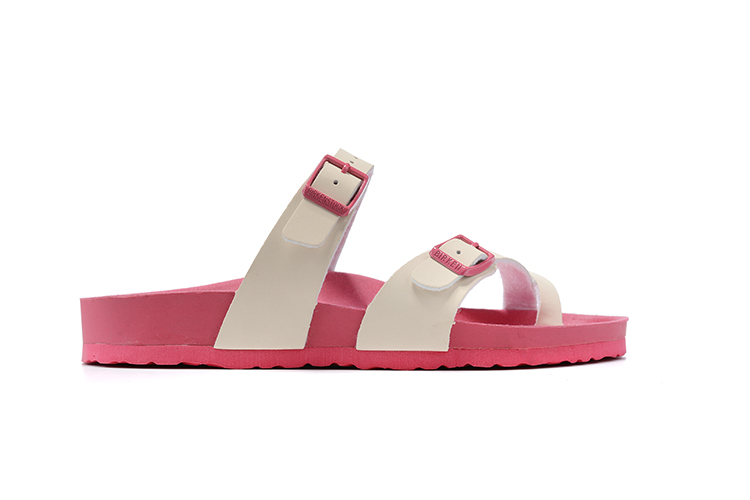 Birkenstock Two-Button Ringfinger White Matte Leather Pink Sole Slippers