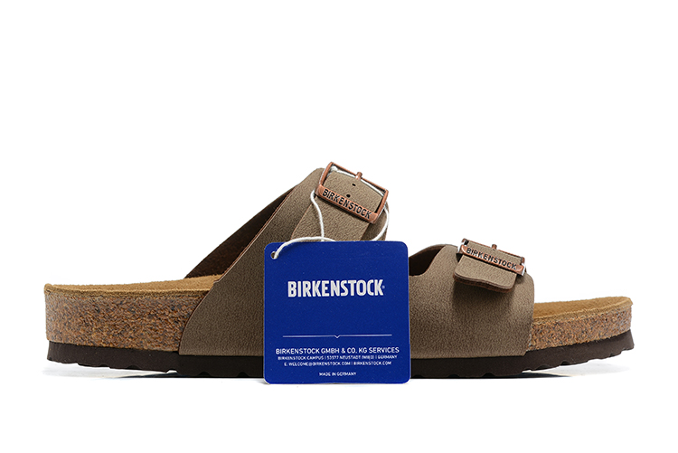 Birkenstock Two-Button Light Brown Scrub Leather Slippers