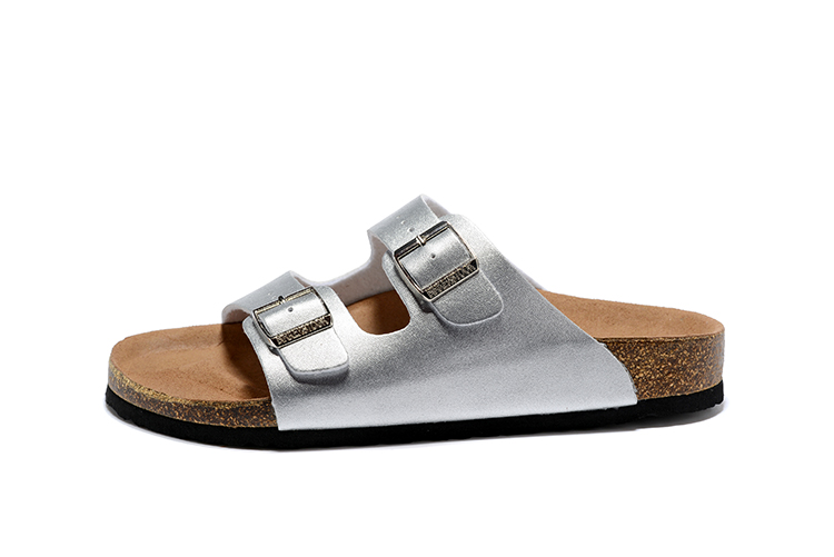 Birkenstock Two-Button Silver Matte Leather Slippers