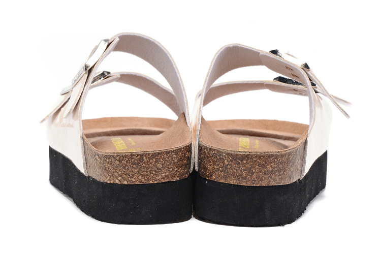 Birkenstock Two-Button White Matte Leather Thick Black Sole Slippers