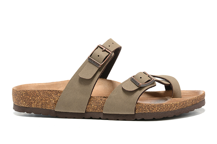 Birkenstock Two-Button Ringfinger Light Brown Scrub Leather Slippers