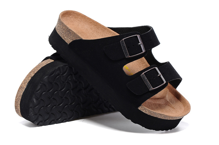 Birkenstock Two-Button Black Suede Leather Thick black Sole Slippers