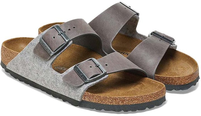 Birkenstock Arizona 1025735 Leather Textile Felt Narrow Fit Light Grey Slide Sandals