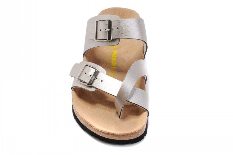 Birkenstock Two-Button Silver Snakeskin Ringfinger Matte Leather Slippers
