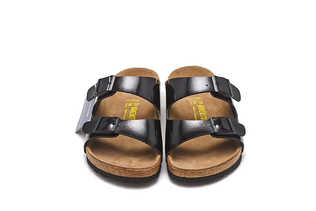 Birkenstock Two-Button Black Patent Leather Slippers