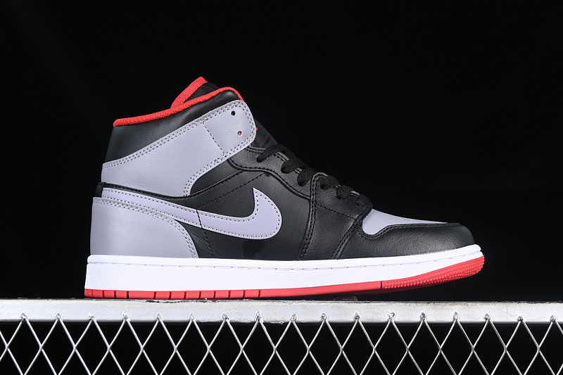 Nike Air Jordan 1 Mid Black Cement Grey Fire Red Sole Sneakers