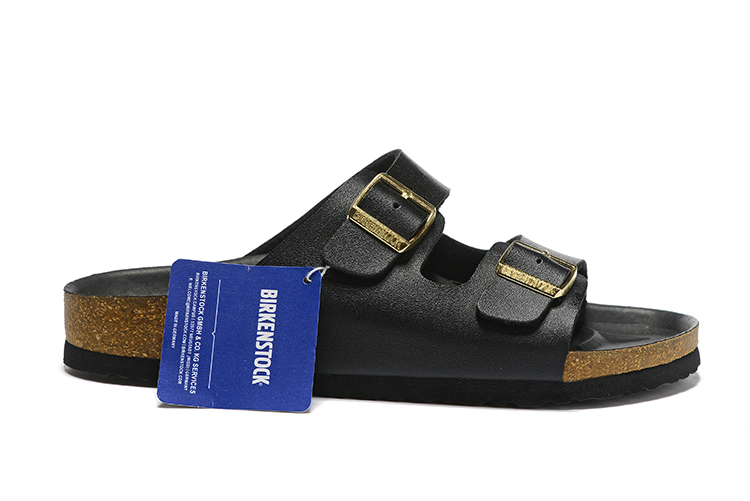 Birkenstock Two-Button Black Matte Leather Black Sole Slippers