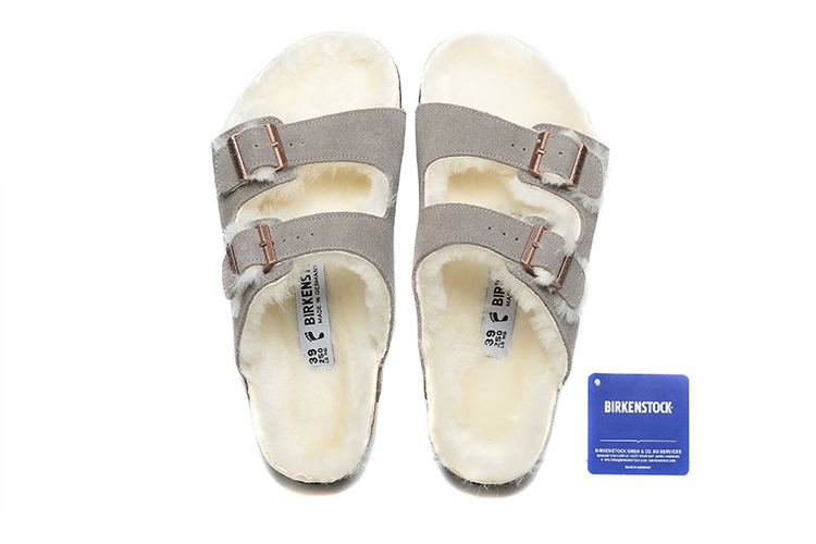 Birkenstock Two-Button Gray Scrub Leather White Fur Lining Slippers