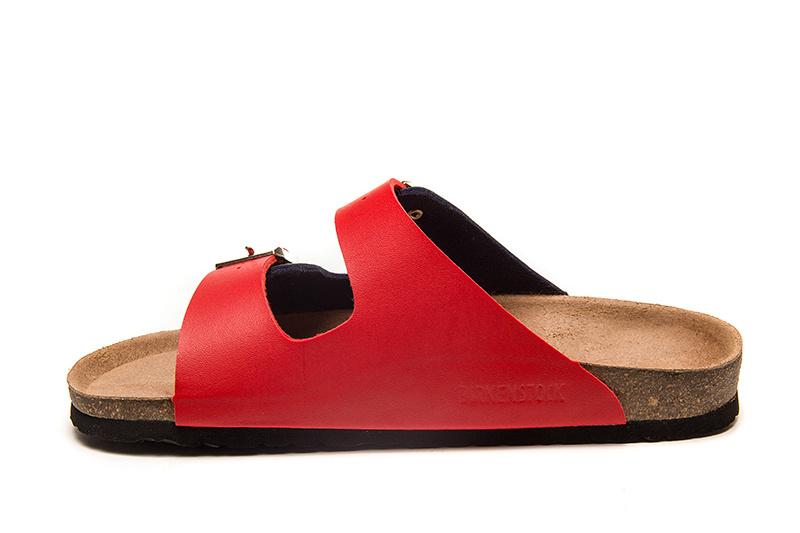 Birkenstock Two-Button Red And Black Matte Leather Slippers