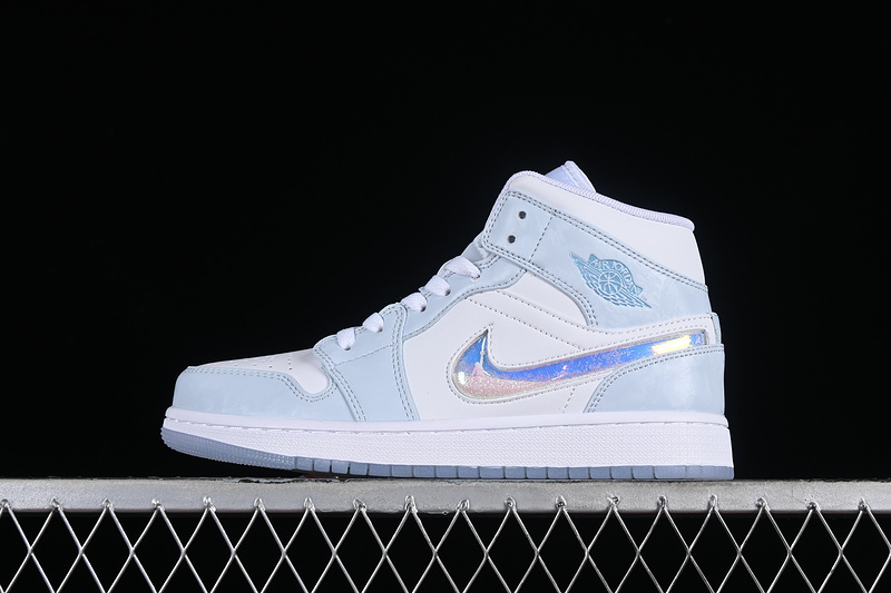 Nike Air Jordan 1 Mid SE GS Glitter Swoosh Ice Blue White Sneakers