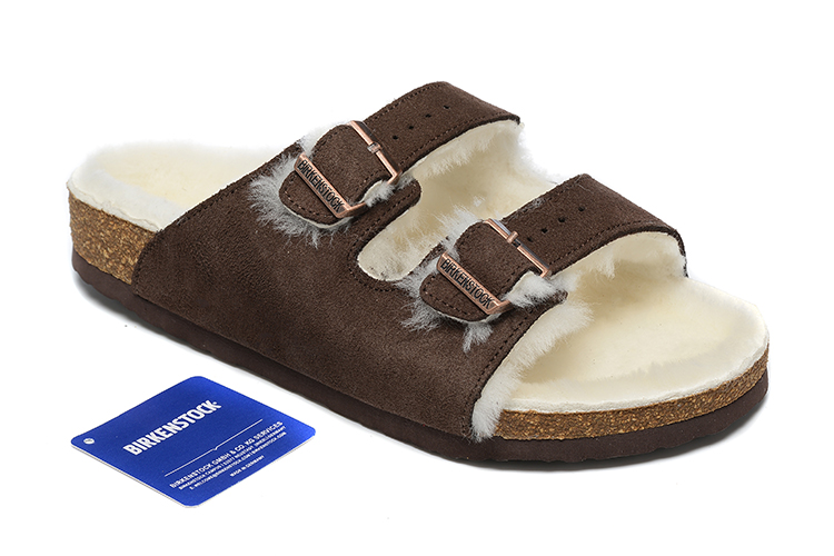 Birkenstock Two-Button Dark Brown Scrub White Fleece Lined Leather Slippers