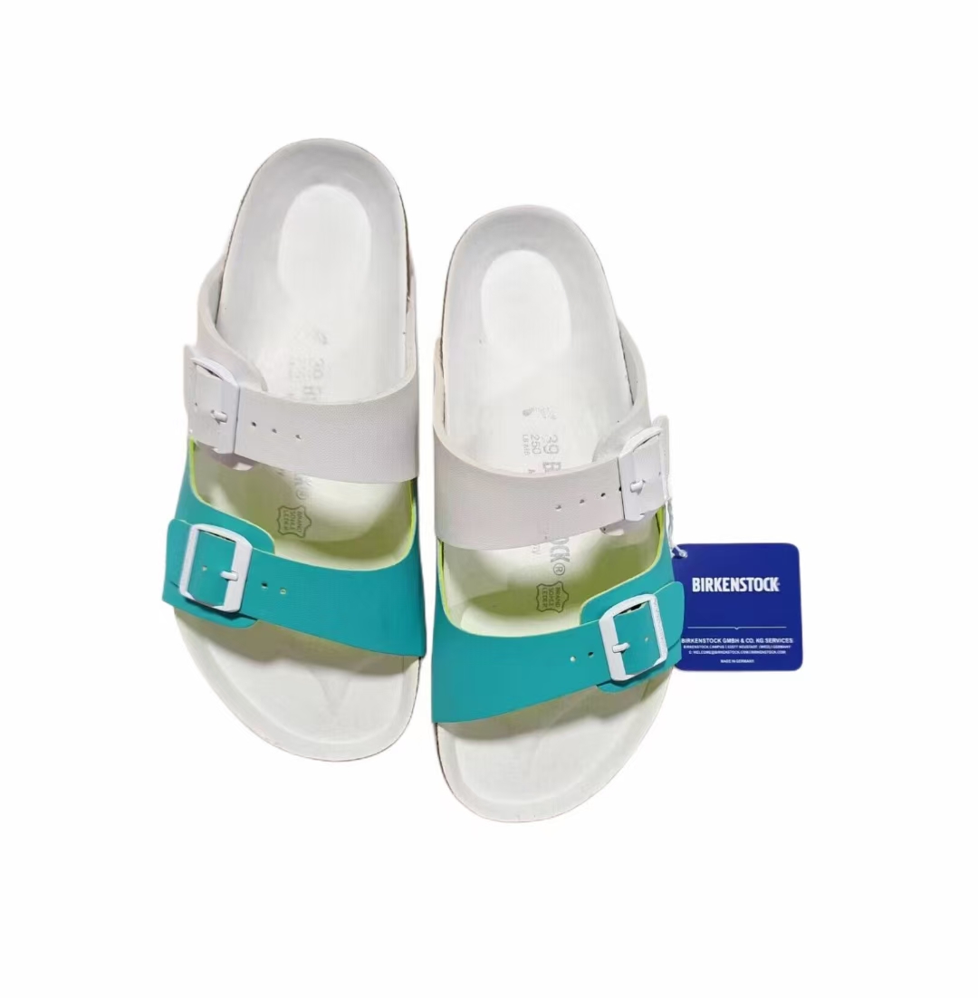 Birkenstock Two-Button White Green Dual Color Scrub Leather Slippers