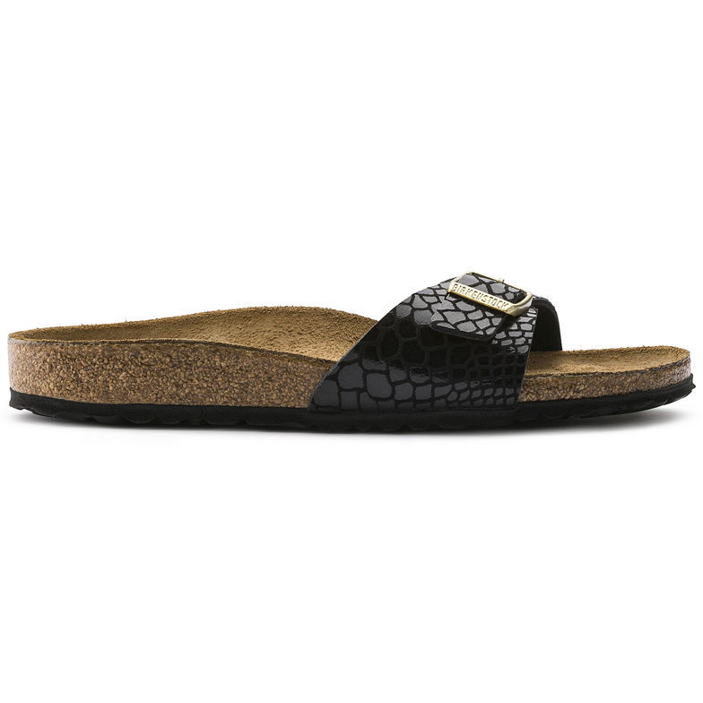 Birkenstock Single Button Black Serpentine Patent Leather Slippers