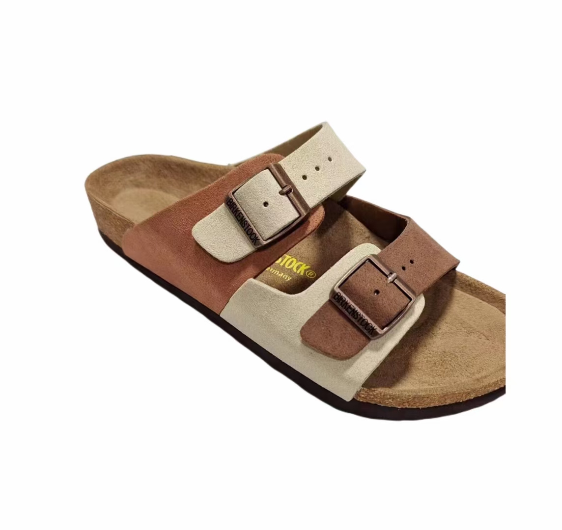 Birkenstock Two-Button Cream Brown Dual Color Scrub Leather Slippers