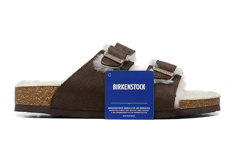 Birkenstock Two-Button Dark Brown Scrub White Fleece Lined Leather Slippers