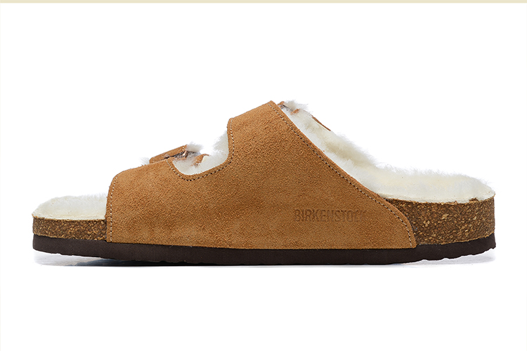 Birkenstock Two-Button Brown Scrub White Fleece Lined Leather Slippers