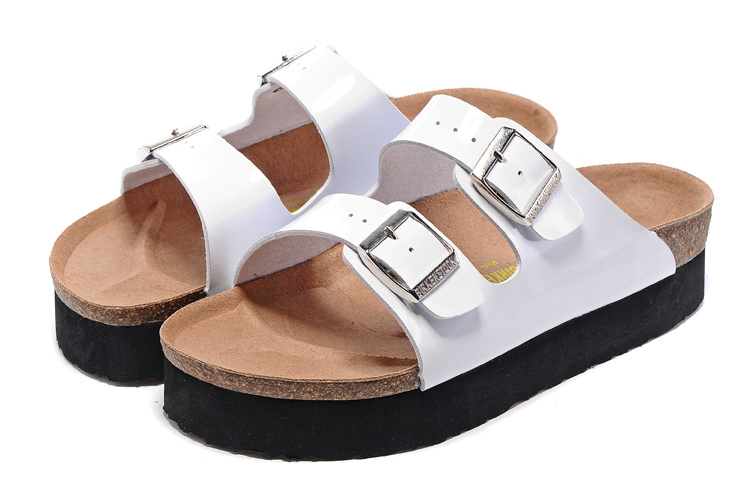 Birkenstock Two-Button White Matte Leather Thick Black Sole Slippers