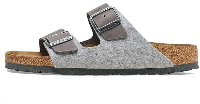 Birkenstock Arizona 1025735 Leather Textile Felt Narrow Fit Light Grey Slide Sandals