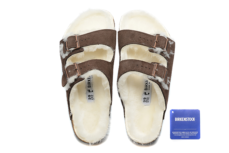 Birkenstock Two-Button Dark Brown Scrub White Fleece Lined Leather Slippers