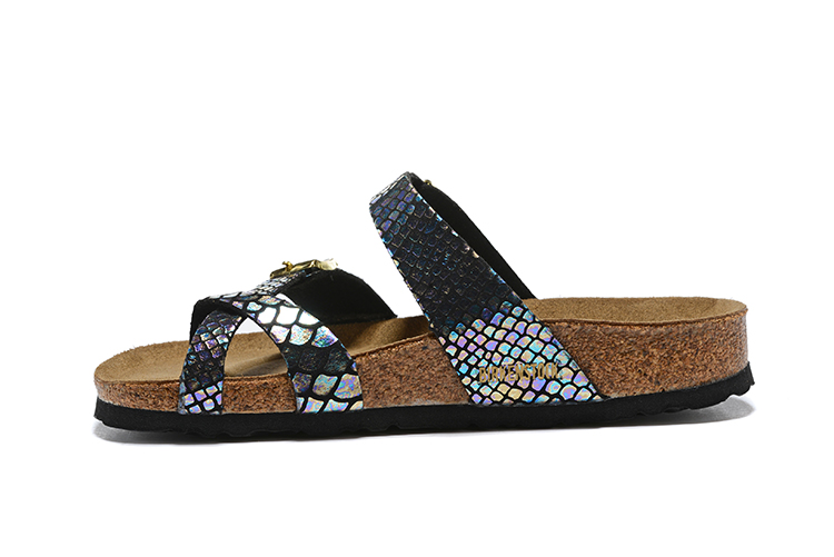 Birkenstock Black Snakeskin Reflective Double Buckle Toe-Loop Leather Sandals