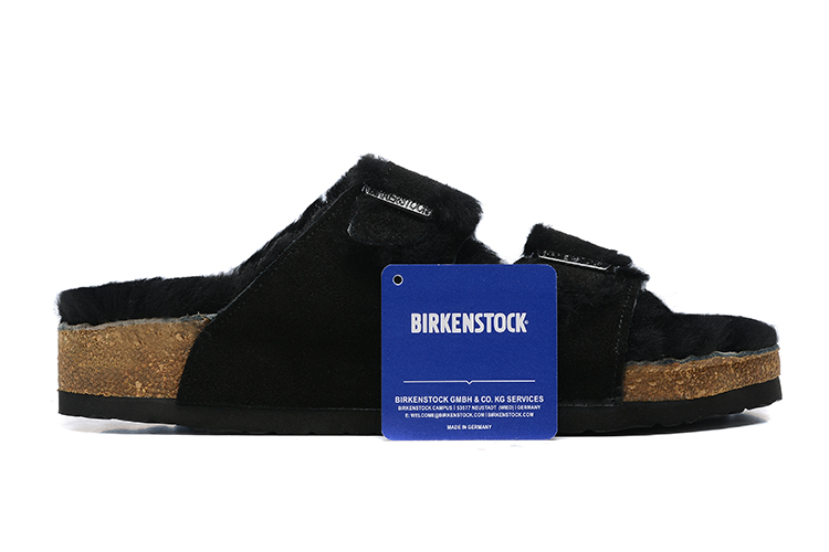 Birkenstock Two-Button Black Scrub Leather Black Fur Lining Slippers
