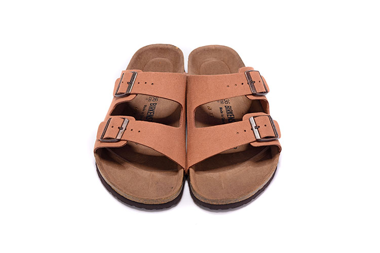Birkenstock Two-Button Pinkish-Orange Scrub Leather Slippers