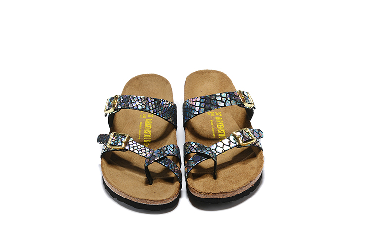 Birkenstock Black Snakeskin Reflective Double Buckle Toe-Loop Leather Sandals