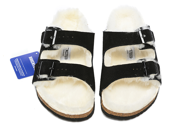 Birkenstock Two-Button Black Scrub Leather White Fur Lining Slippers