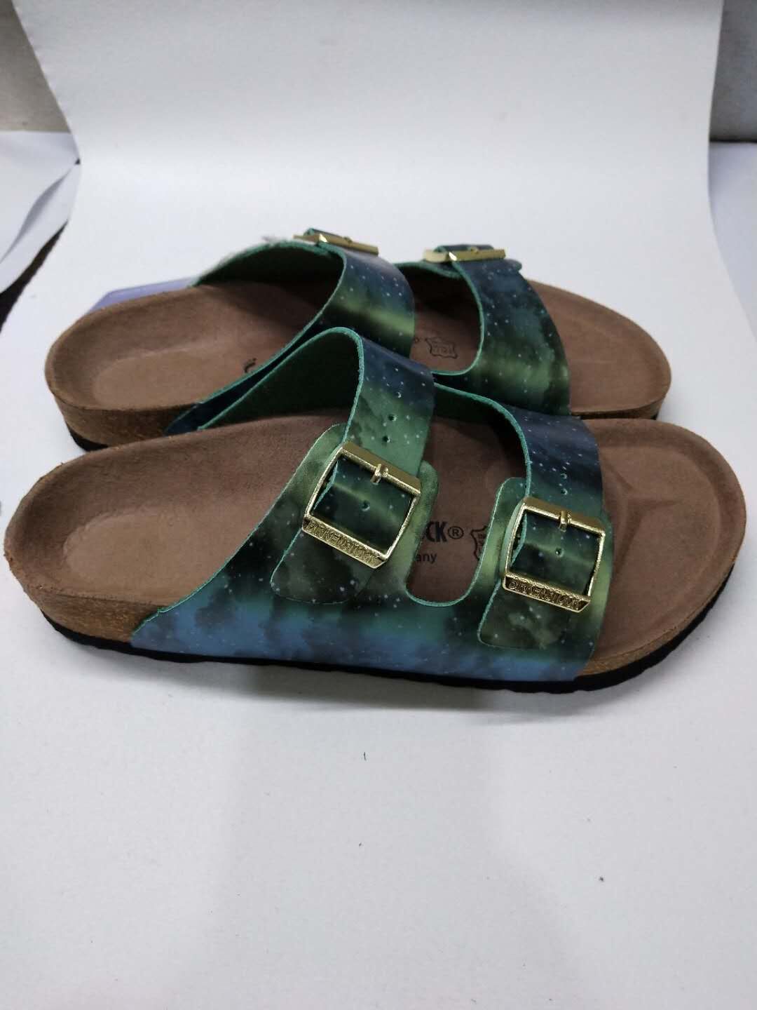 Birkenstock Two-Button Starry Green Matte Leather Slippers