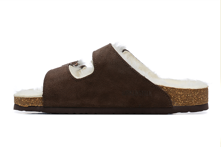 Birkenstock Two-Button Dark Brown Scrub White Fleece Lined Leather Slippers
