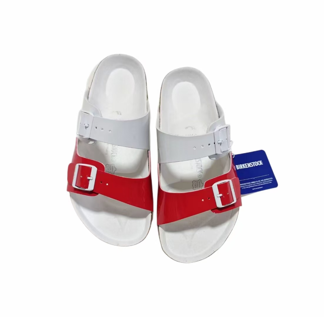 Birkenstock Two-Button White Red Dual Color Patent Leather Slippers