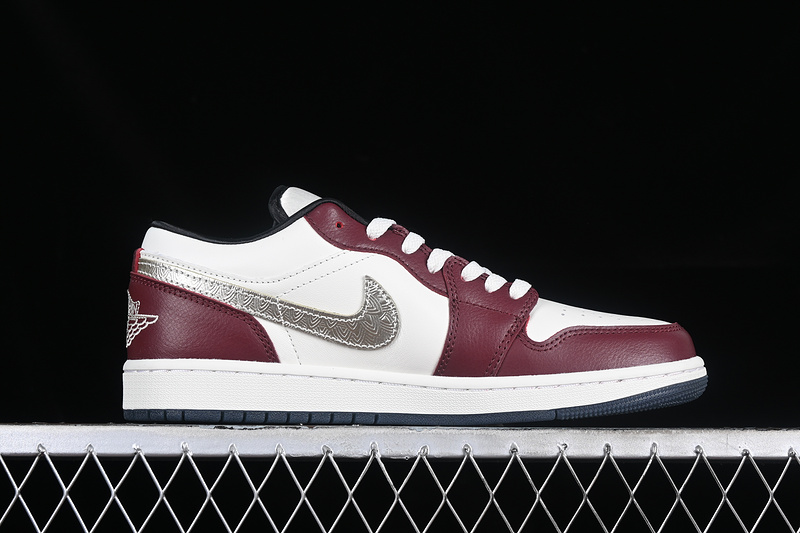 Nike Air Jordan 1 Low Metallic Silver Grain Dark Red White Sneakers