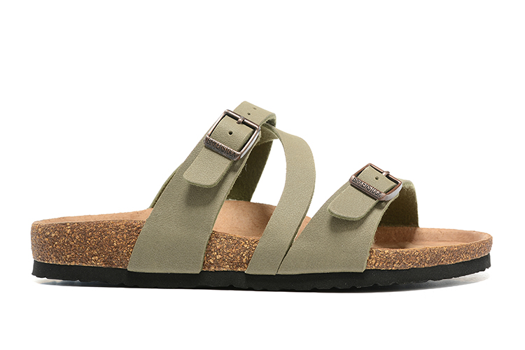 Birkenstock Two-Button Grayish Green Scrub Leather Intersect Black Sole Slippers