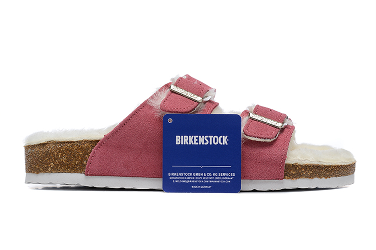 Birkenstock Two-Button Pink Scrub Leather White Fur Lining Slippers